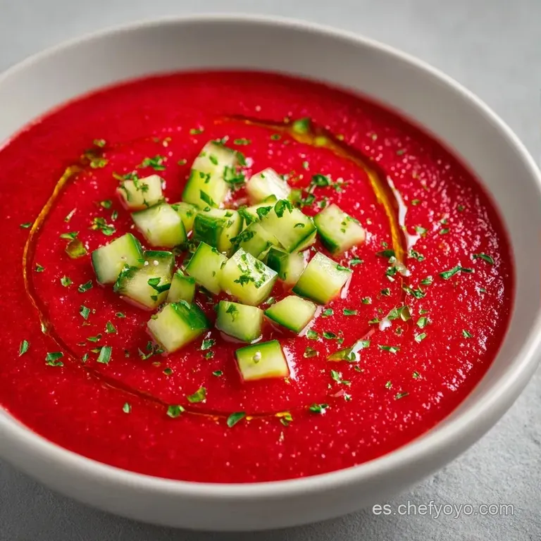 Crema fr&iacute;a rojiza servida en un cuenco blanco, adornada con vegetales picados y una hoja de albahaca fresca en el centro.