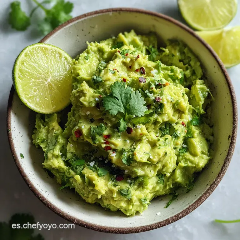 Creamy, bright green guacamole served in a dark bowl. Topped with cilantro. Tortilla chips artfully arranged on the side.