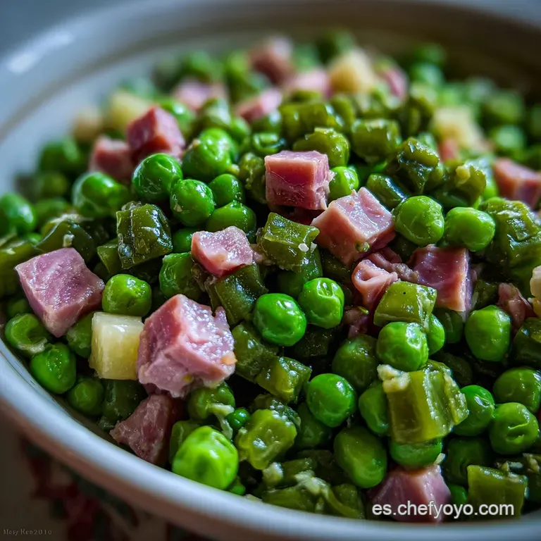 Emerald green peas and savory ham nestled in a shallow bowl, garnished with a sprig of fresh mint. Simple elegance.