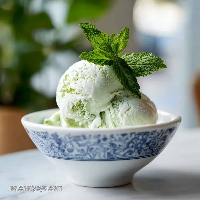 A perfectly scooped mound of vibrant mint ice cream in a chilled glass, garnished with fresh mint sprigs.