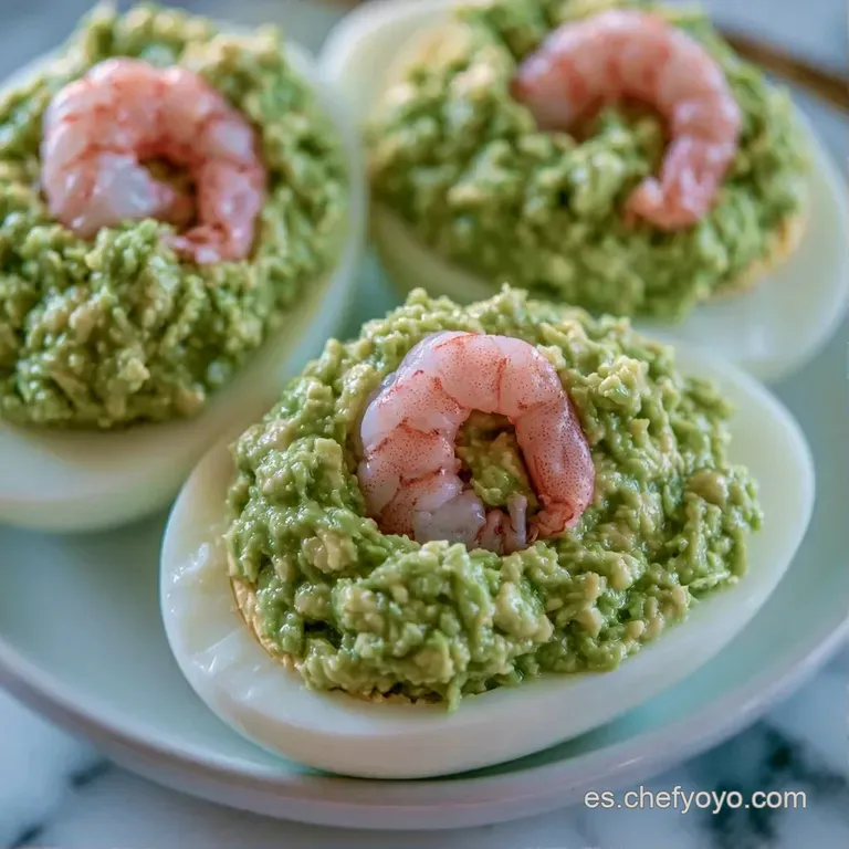 Huevos rellenos dispuestos en plato blanco, resaltando el contraste del verde intenso y el rosa suave de las gambas.