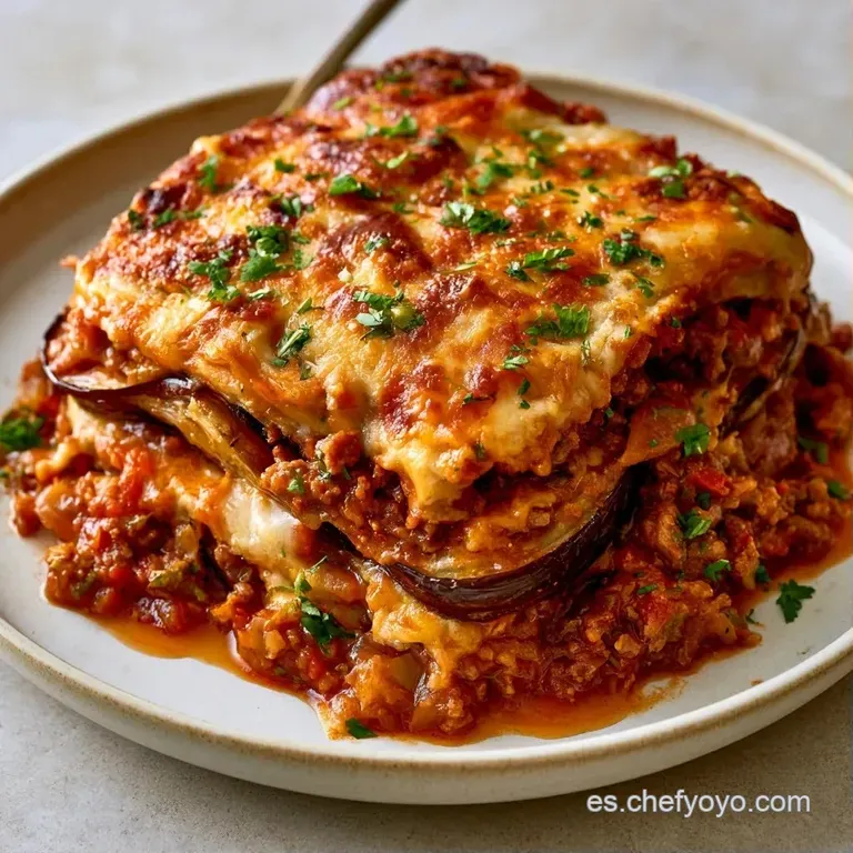 Porción cuadrada de lasaña vegetal en plato blanco, con capas definidas de queso fundido y bordes ligeramente tostados.