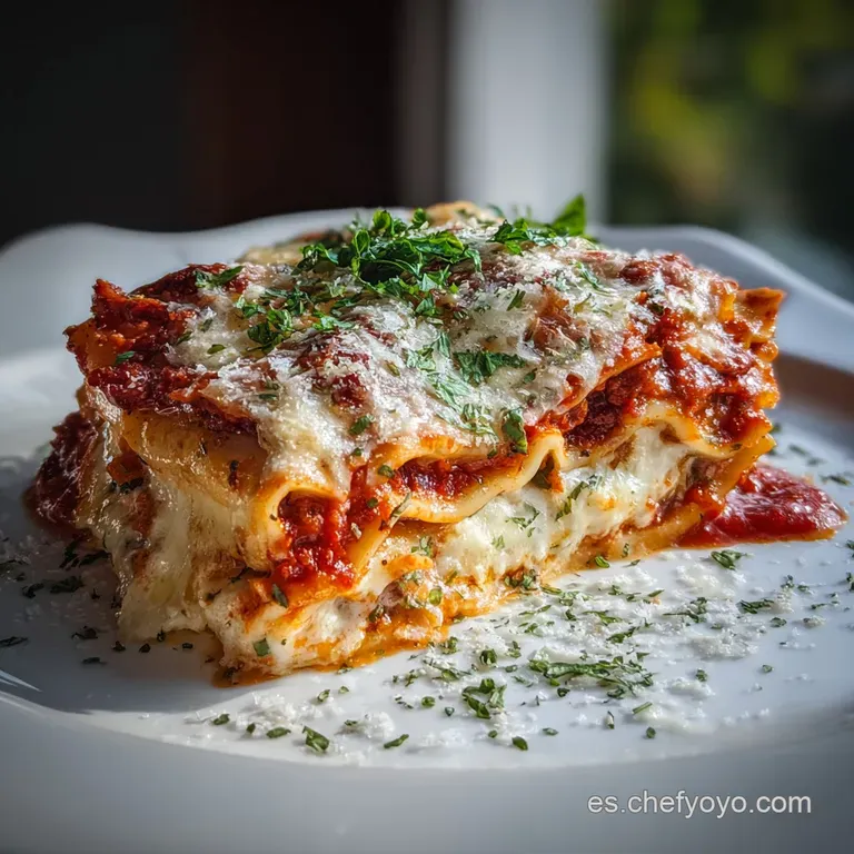 A square of meaty lasagne on a white plate shows golden cheese and layers of rich sauce and pasta. Fresh basil garnish.