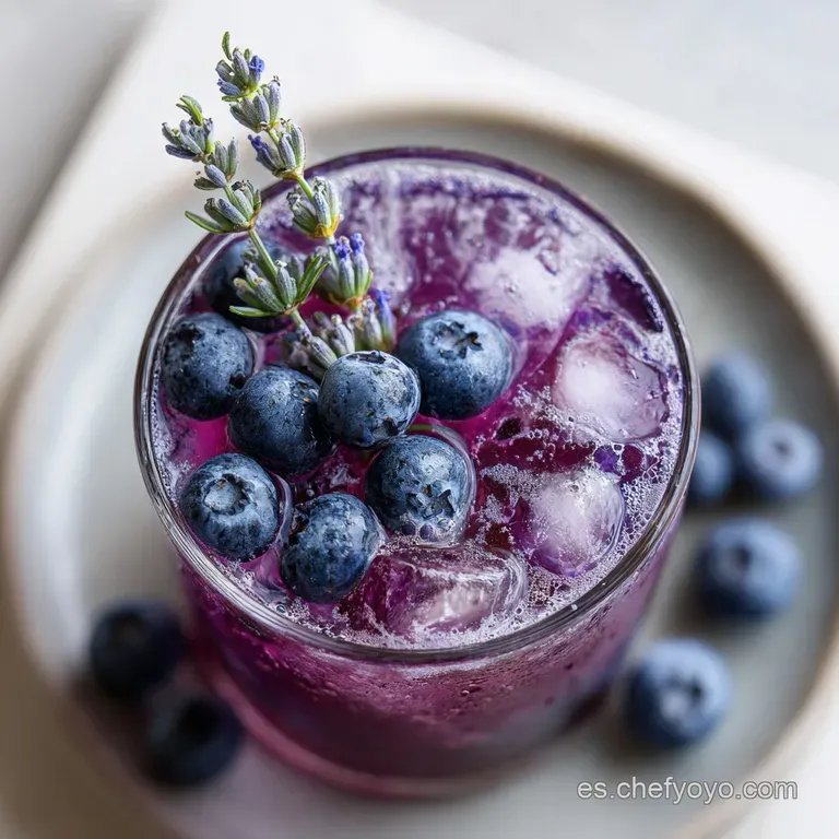 Elegant glasses of soft purple liquid with frosted surfaces, garnished with fresh lavender sprigs and berries.