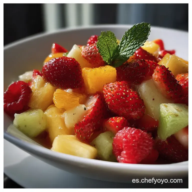 Elegant glass bowl filled with colorful fruit salad. Sliced kiwi, strawberries, and melon were artfully arranged, a light ...