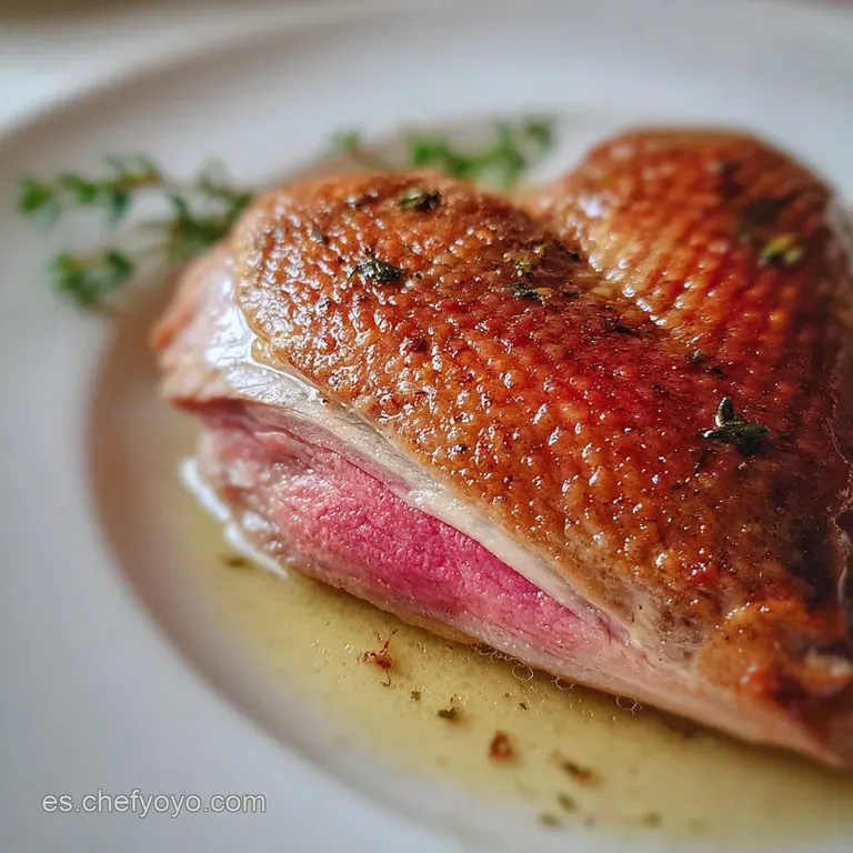 Seared duck breast, glistening with pan sauce, elegantly fanned with rosemary sprig, hints at savory richness and herbal n...