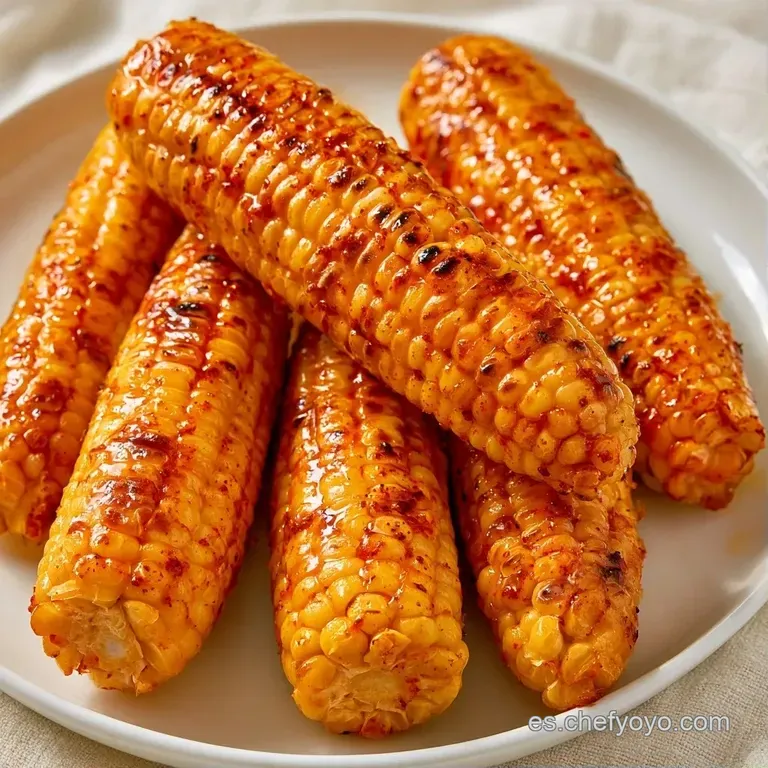 Mazorcas amarillas brillantes sobre plato oscuro, adornadas con hierbas verdes frescas y gotas de mantequilla líquida.