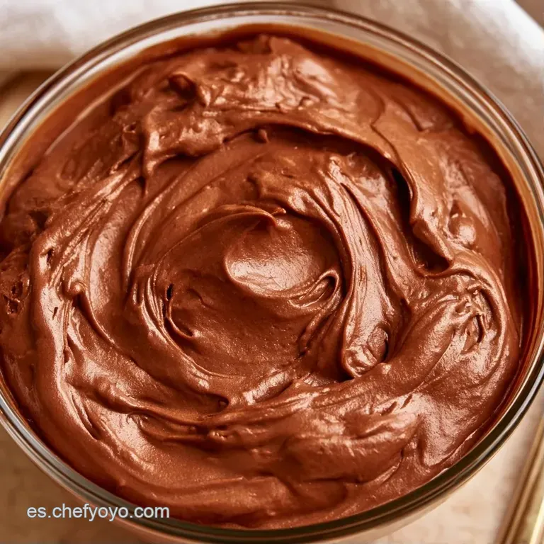 Mousse de chocolate oscuro en copa de cristal con lluvia de cacao amargo y una hoja de menta fresca sobre el copete.