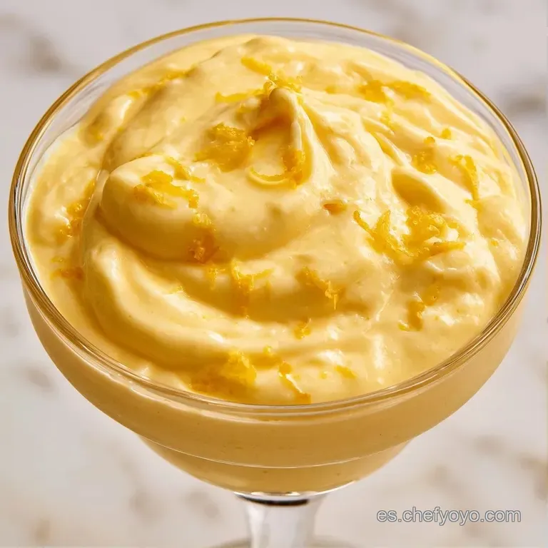 Mousse amarilla suave servida en copa elegante, coronada con rodajas finas de limón cítrico y ralladura brillante.
