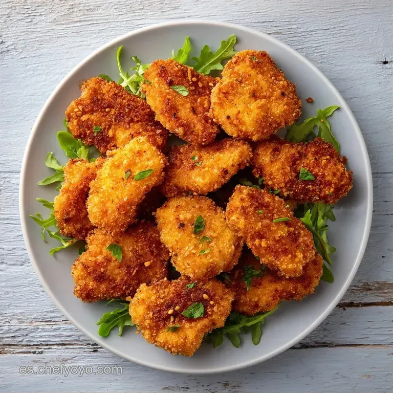Nuggets apilados de textura rugosa y color dorado, adornados con perejil fresco sobre una base de cer&aacute;mica gris oscura.