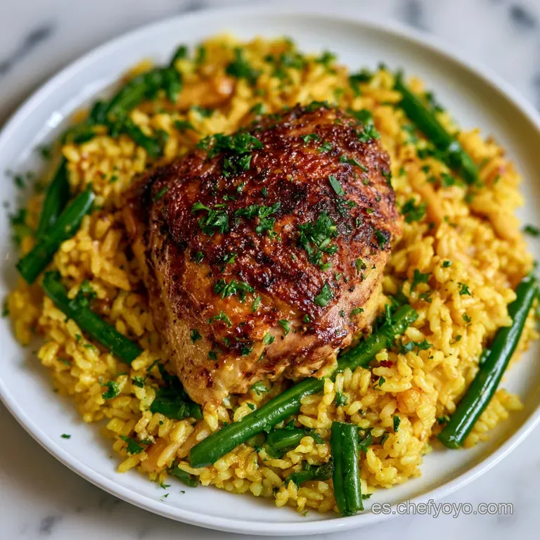 Plato blanco con arroz amarillo vibrante, trozos de carne dorada y jud&iacute;as verdes frescas sobre fondo neutro.