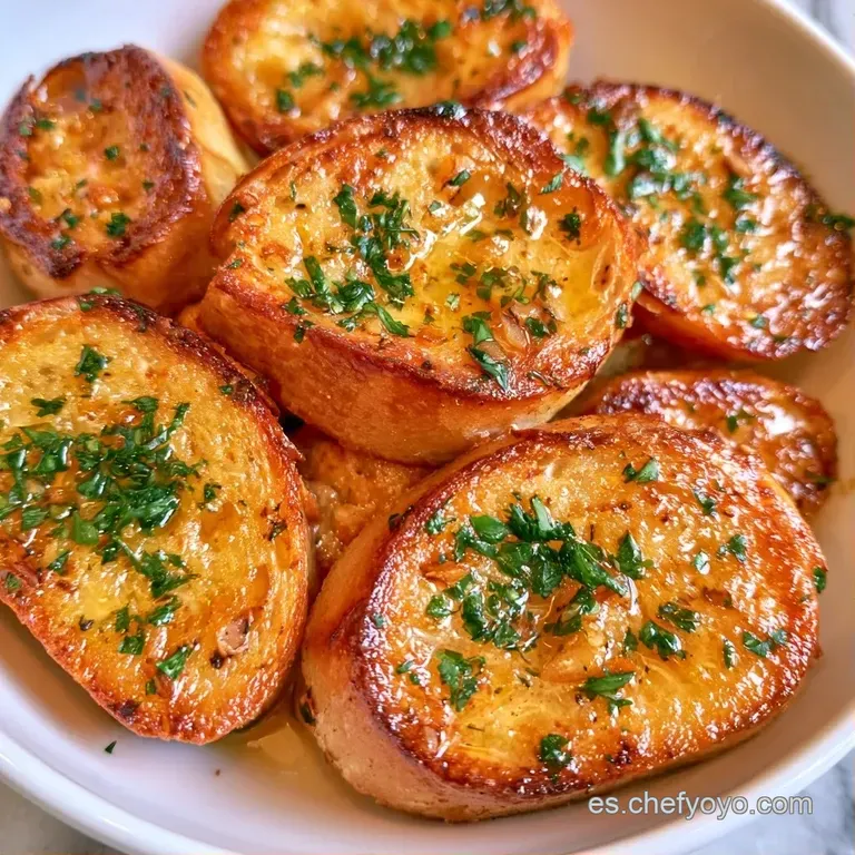 Pan tostado en tonos ocres sobre tabla de madera, con trozos de ajo brillante y hierbas verdes esparcidas.