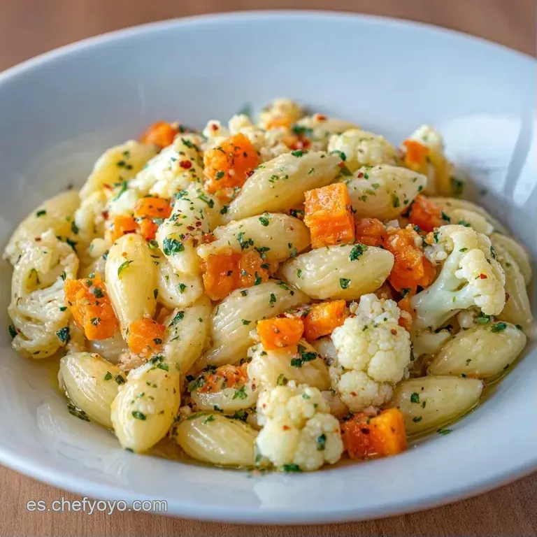 Pasta multicolor dispuesta en plato blanco, con peque&ntilde;os trozos de zanahoria naranja y br&oacute;coli verde muy brillante.