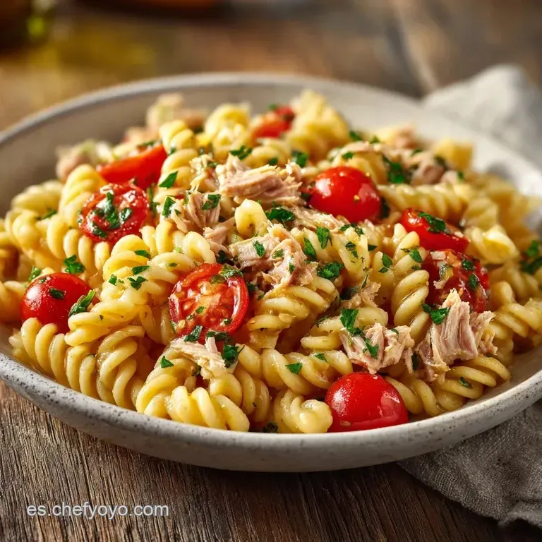 Nido de pasta brillante adornado con lascas de at&uacute;n y pimienta negra sobre un plato de cer&aacute;mica oscura y minimalista.