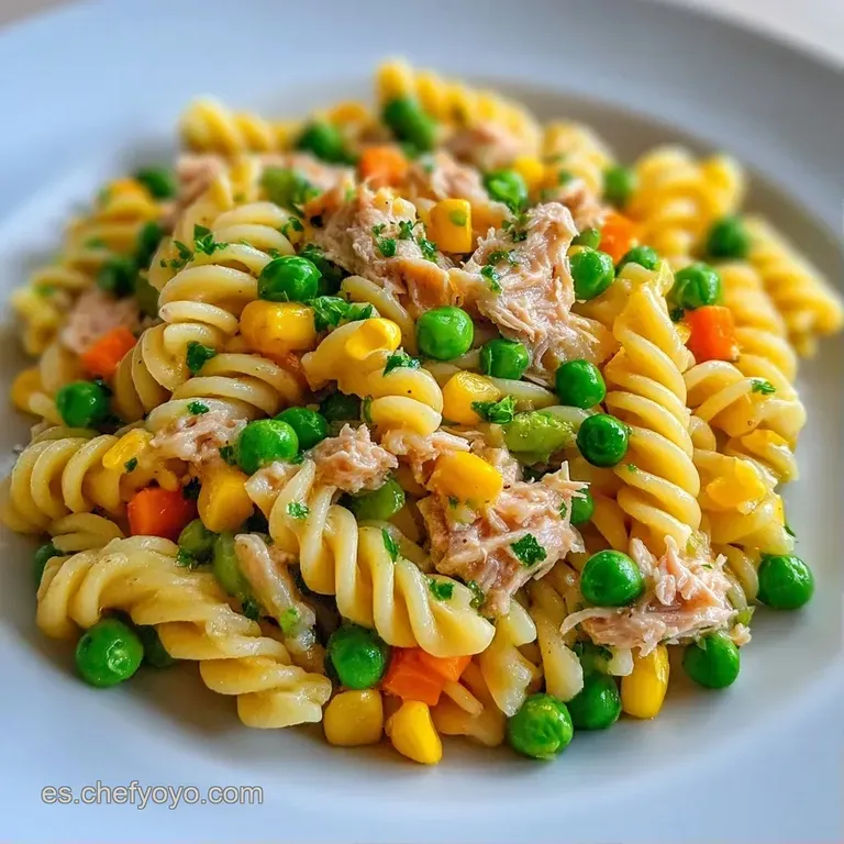 Plato blanco con pasta fr&iacute;a brillante, trozos de at&uacute;n rosado, zanahoria rallada naranja y un toque de perejil fresco.