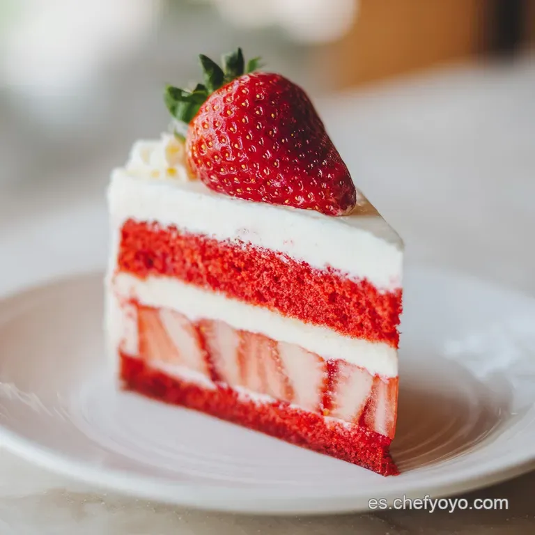 Slice of strawberry cake on a plate, airy buttercream swirls, juicy strawberry and soft crumb texture visible.