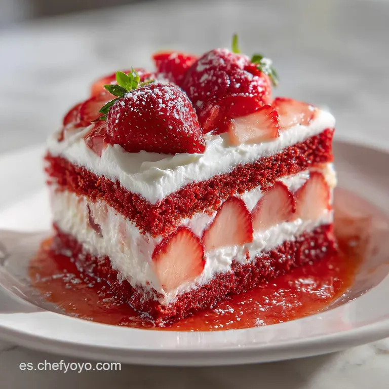 Slice of strawberry cake showing layers of cream, strawberries, and moist cake. Garnished with a single strawberry and min...