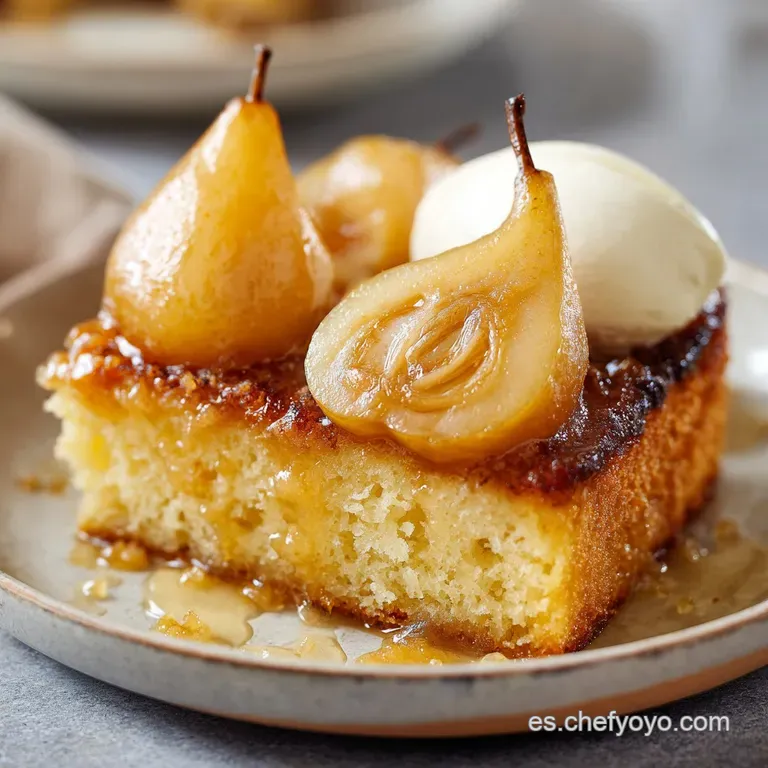 Porci&oacute;n de bizcocho esponjoso sobre plato blanco, coronada con peras brillantes y glaseadas que gotean suavemente.