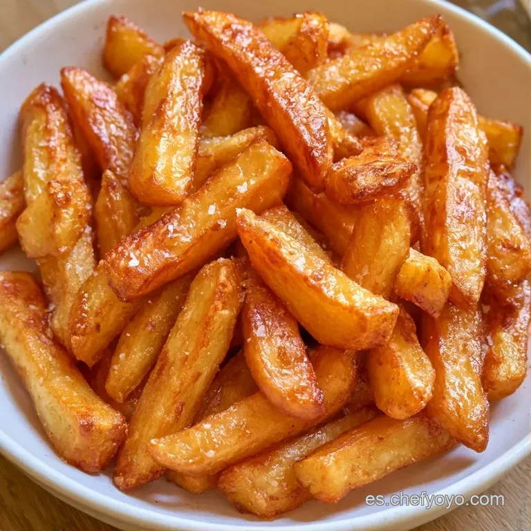Montaña de bastones de patata fritos y brillantes sobre un plato blanco, acompañados de un pequeño cuenco de salsa roja.