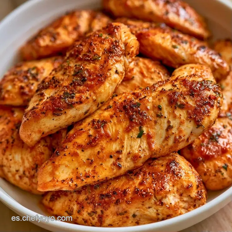 Filetes de pollo tostados servidos con espárragos verdes y zanahorias brillantes sobre un plato de cerámica oscura.