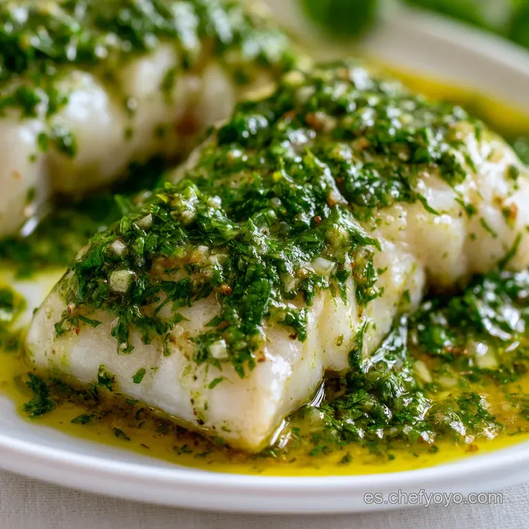 Elegante disposici&oacute;n de pescado blanco con salsa verde aterciopelada y gotas de aceite, servido en vajilla minimalista.