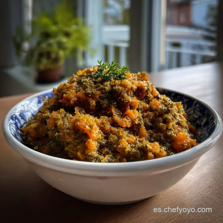 Creamy carrot pesto artfully swirled on a white plate, garnished with microgreens. A visual delight with a smooth, luxurio...