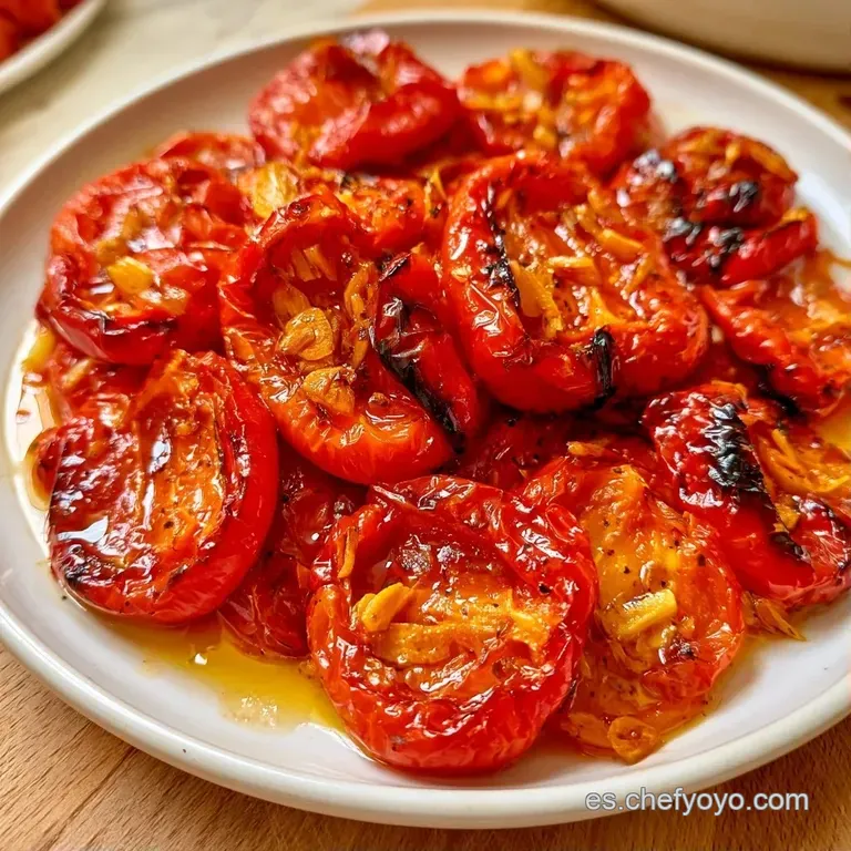 Tiras de pimiento rojo brillante dispuestas con elegancia, decoradas con perejil fresco y gotas de aceite dorado.