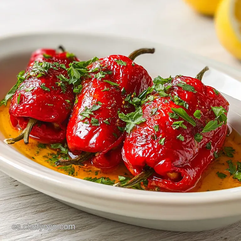 Two glistening, bright red peppers filled with creamy cod sit elegantly on a white plate, garnished with fresh herbs. Simp...