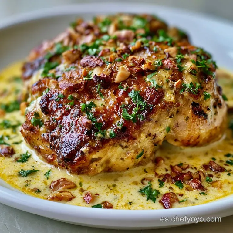 Pollo dorado servido en plato blanco con salsa espesa y brillante, decorado con perejil fresco y almendras laminadas.