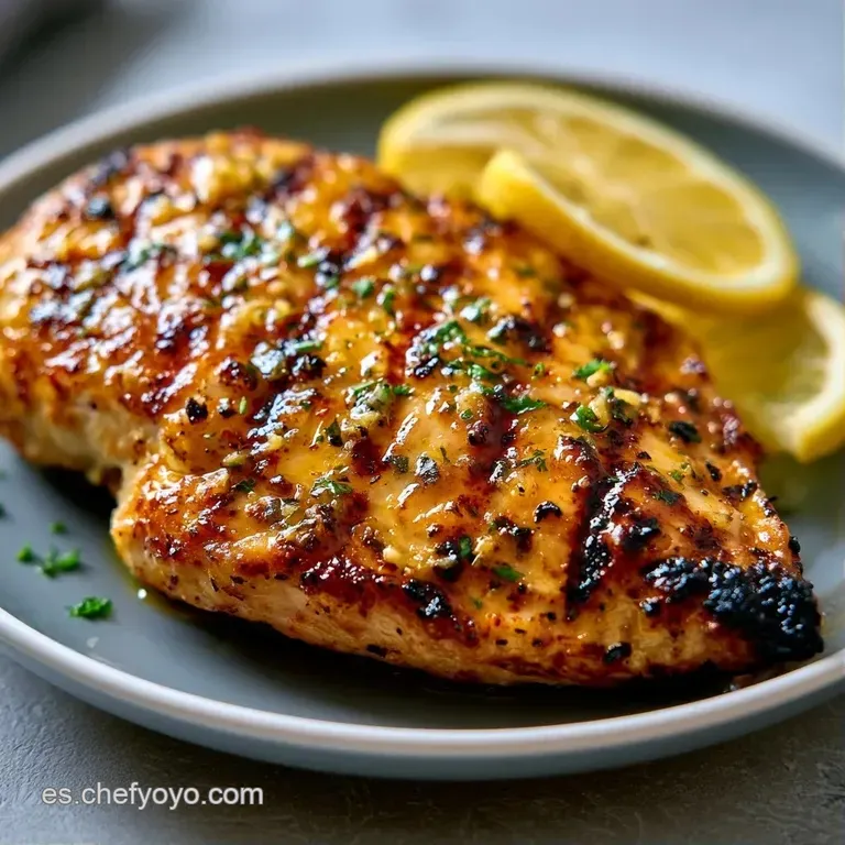 Filetes de pollo jugosos y tostados adornados con limones brillantes y hierbas verdes en una composición minimalista.