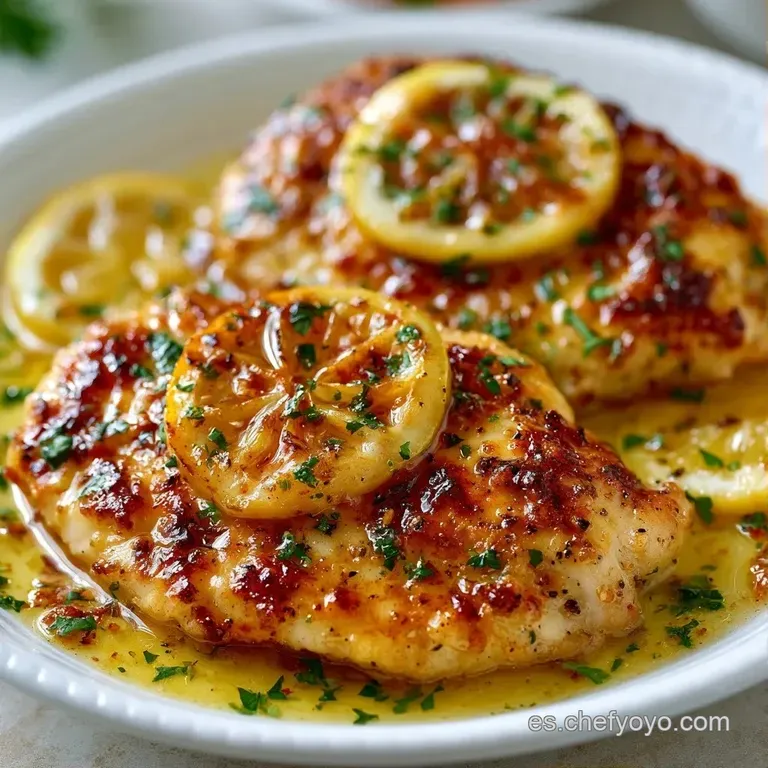 Filetes de pollo jugosos bañados en salsa cítrica, adornados con rodajas de limón y hierbas verdes en plato blanco.