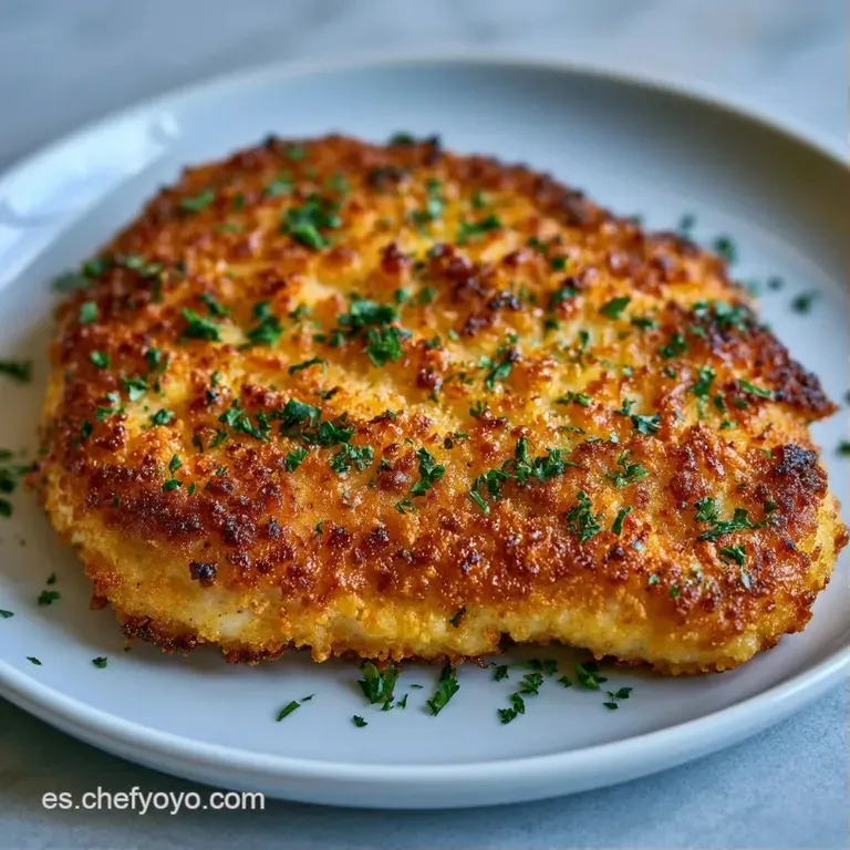 Piezas de pollo con empanizado color ámbar dispuestas sobre plato blanco, resaltando su textura rugosa y crocante al horno.