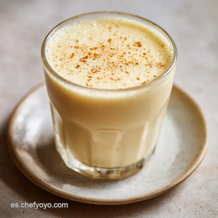 Elegant stemmed glass filled with frothy, light yellow ponche de huevo, garnished with star anise, suggesting warmth and s...