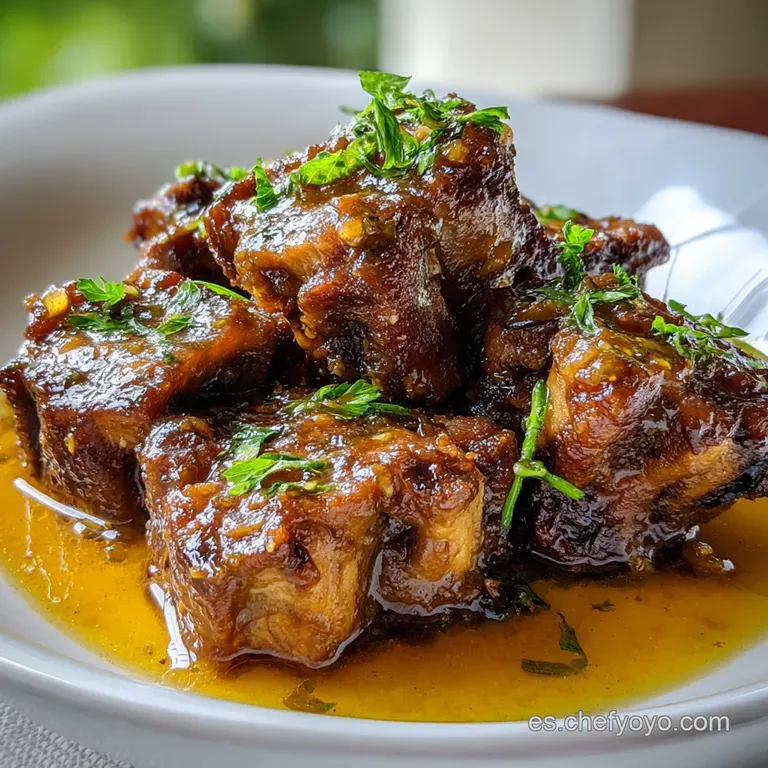 Elegant oxtail dish, artfully plated. Shiny, mahogany-colored sauce coats the meat. Garnished with fresh herbs and a swirl...