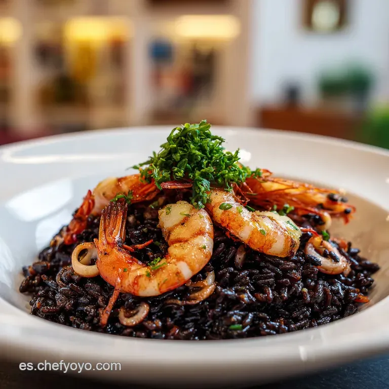 A vibrant swirl of black rice, topped with bright red peppers and delicate green herbs on a white plate.