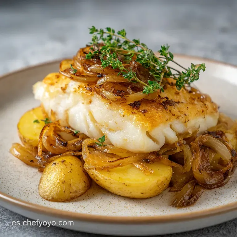 Trozos de pescado blanco laminado sobre rodajas de patata suave, decorados con finas hierbas en un plato blanco limpio.