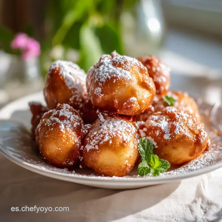 Crispy, golden fritters artfully arranged on a rustic wooden board with a dusting of powdered sugar.