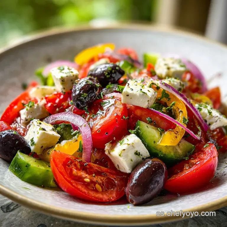 Artfully arranged Greek salad on a white plate, showcasing Kalamata olives and fresh oregano.