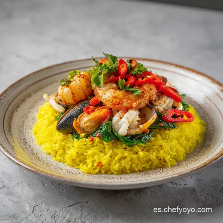 Plato de arroz brillante adornado con mariscos frescos, perejil picado y gajos de lim&oacute;n sobre un mantel neutro claro.