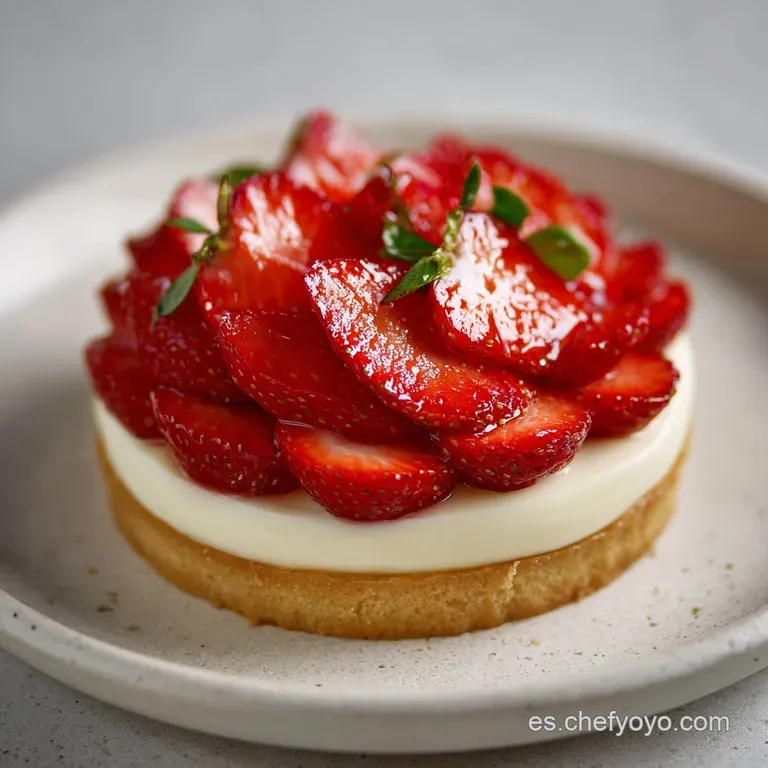 Slice of strawberry tart on a white plate. Flaky crust, glistening strawberries, and a dollop of fresh whipped cream invit...