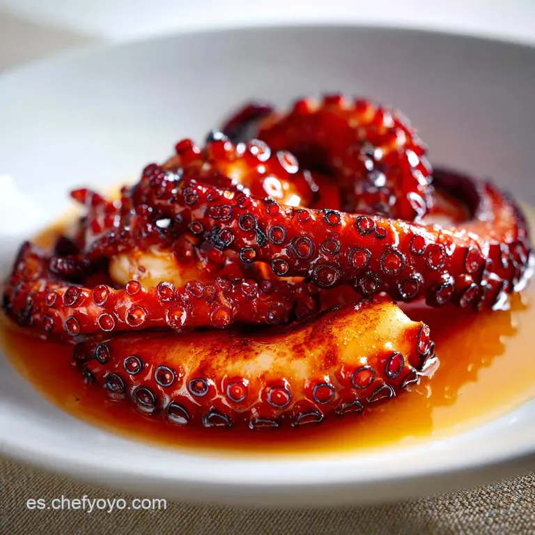 Elegant plate featuring tender octopus, vibrant paprika, and glistening olive oil, with rustic potatoes. A celebration of ...