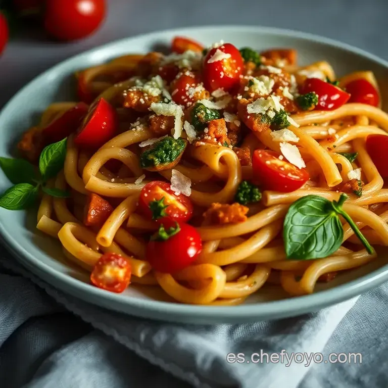 Rigatoni Al Pesto Con Cherry Salteados presentation