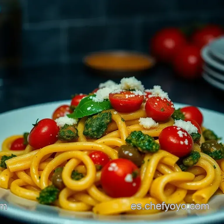 Rigatoni al Pesto con Cherry Salteados