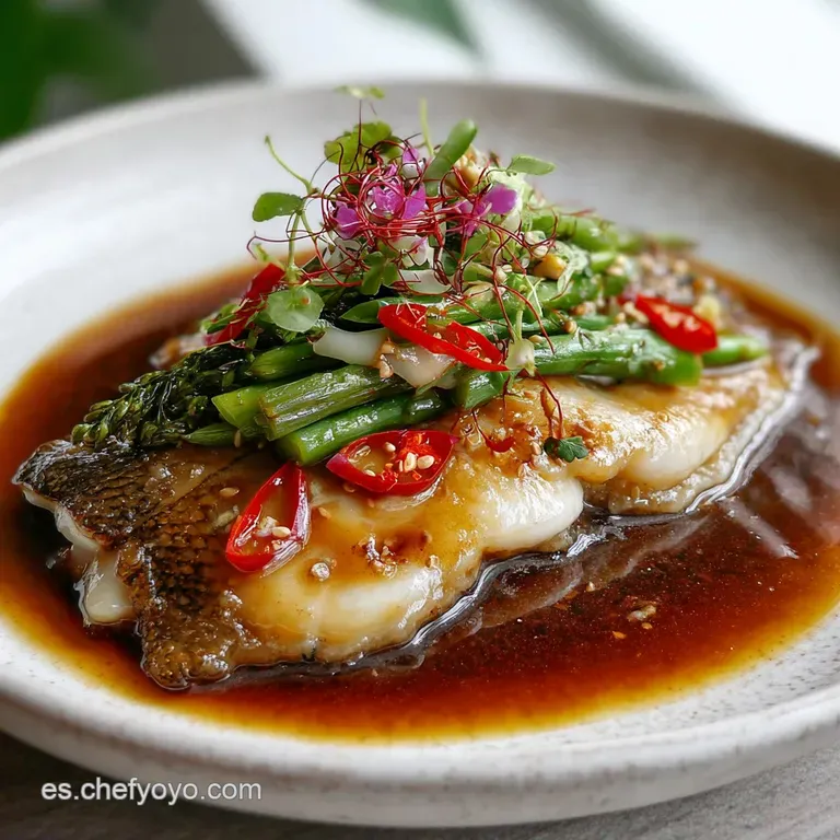 Elegant plate featuring a perfectly baked turbot fillet with crispy edges, beside roasted potatoes and a lemon wedge.