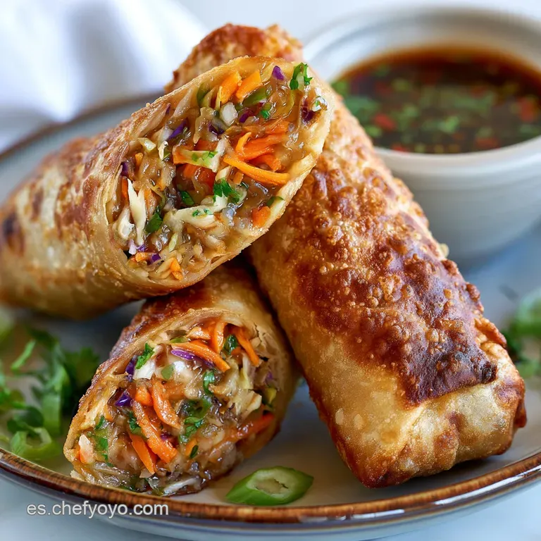 Tres rollos fritos dispuestos diagonalmente, con semillas de s&eacute;samo y una salsa espesa y oscura en un cuenco peque&ntilde;o.