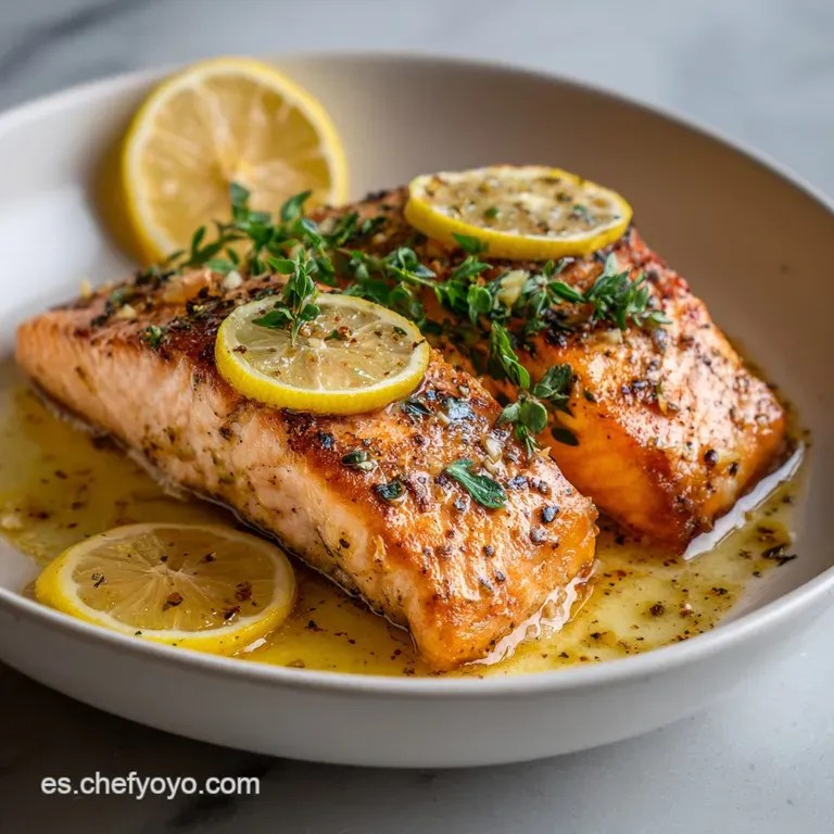 A perfectly seared salmon fillet, adorned with fresh parsley, artfully arranged with roasted potatoes and a lemon wedge.