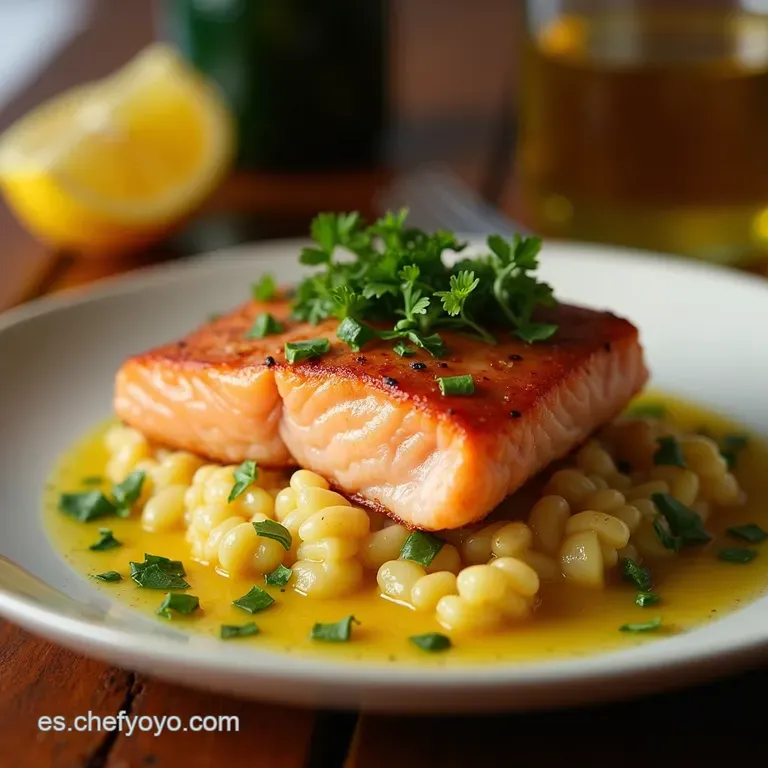 El Rey Del Atl&aacute;ntico Salm&oacute;n Jugoso Con Salsa M&aacute;gica De Mantequilla Lim&oacute;n Y Ajo presentation