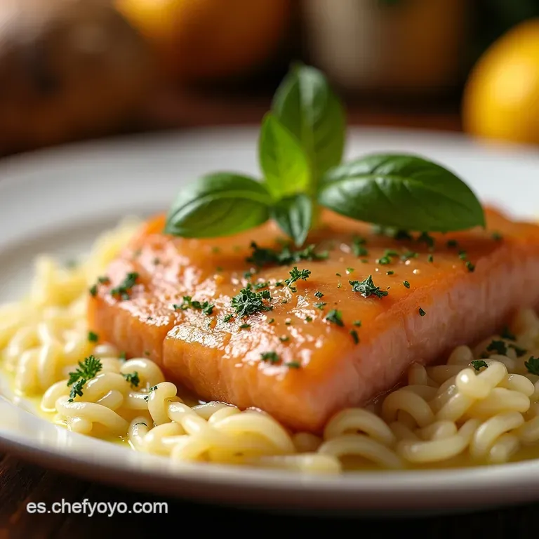 Salm&oacute;n Sellado a La Perfecci&oacute;n Con Cremoso Orzo Mediterr&aacute;neo Al Lim&oacute;n presentation