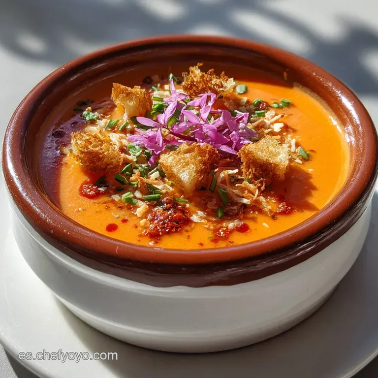 Elegantly swirled salmorejo in a white bowl. Garnished with crispy jam&oacute;n bits and bright green chives, drizzled with olive...