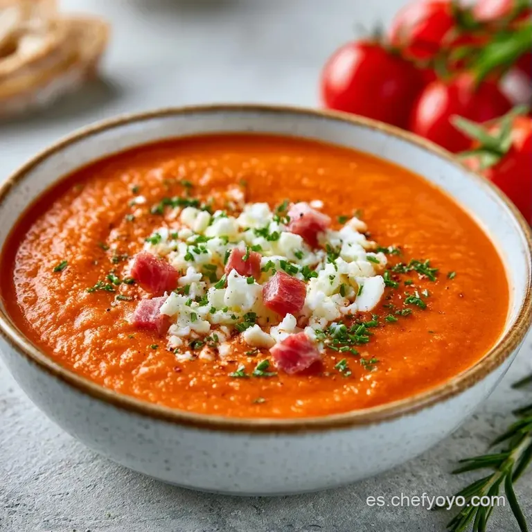Sopa fría cremosa y brillante decorada con cubitos blancos de clara, yema amarilla y jamón serrano en plato moderno.
